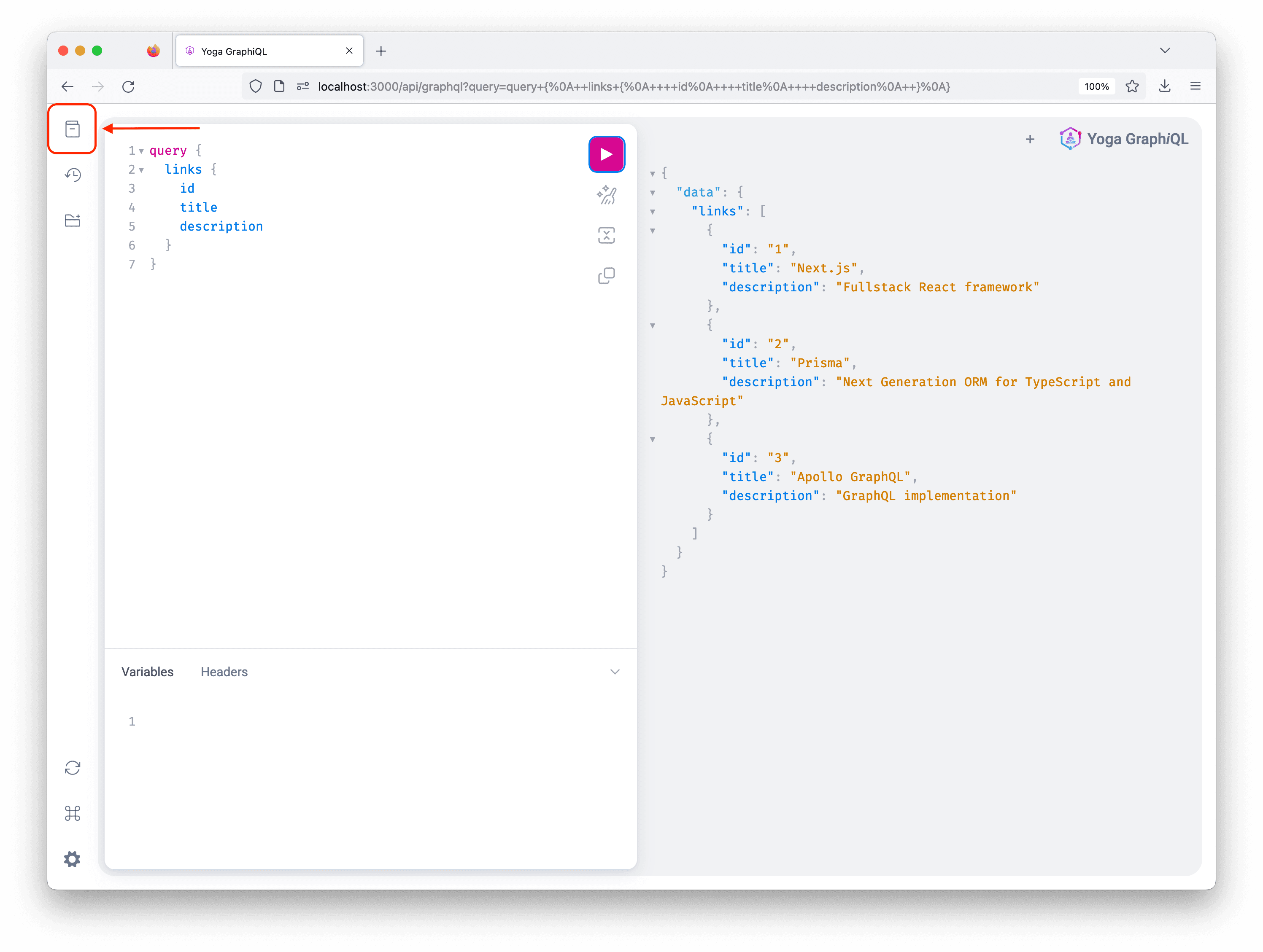 GraphiQL Playground with an example query