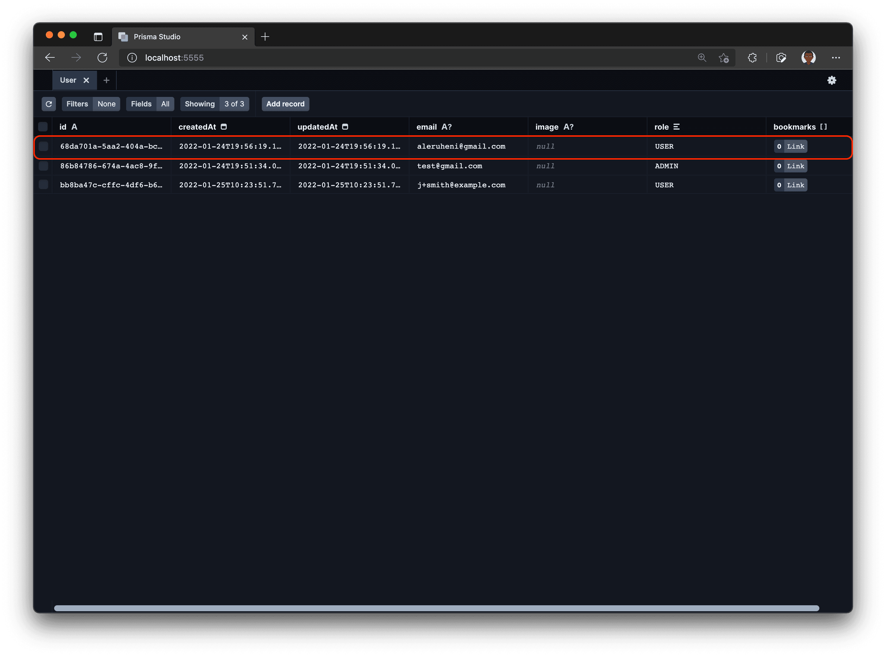Prisma Studio – Created User