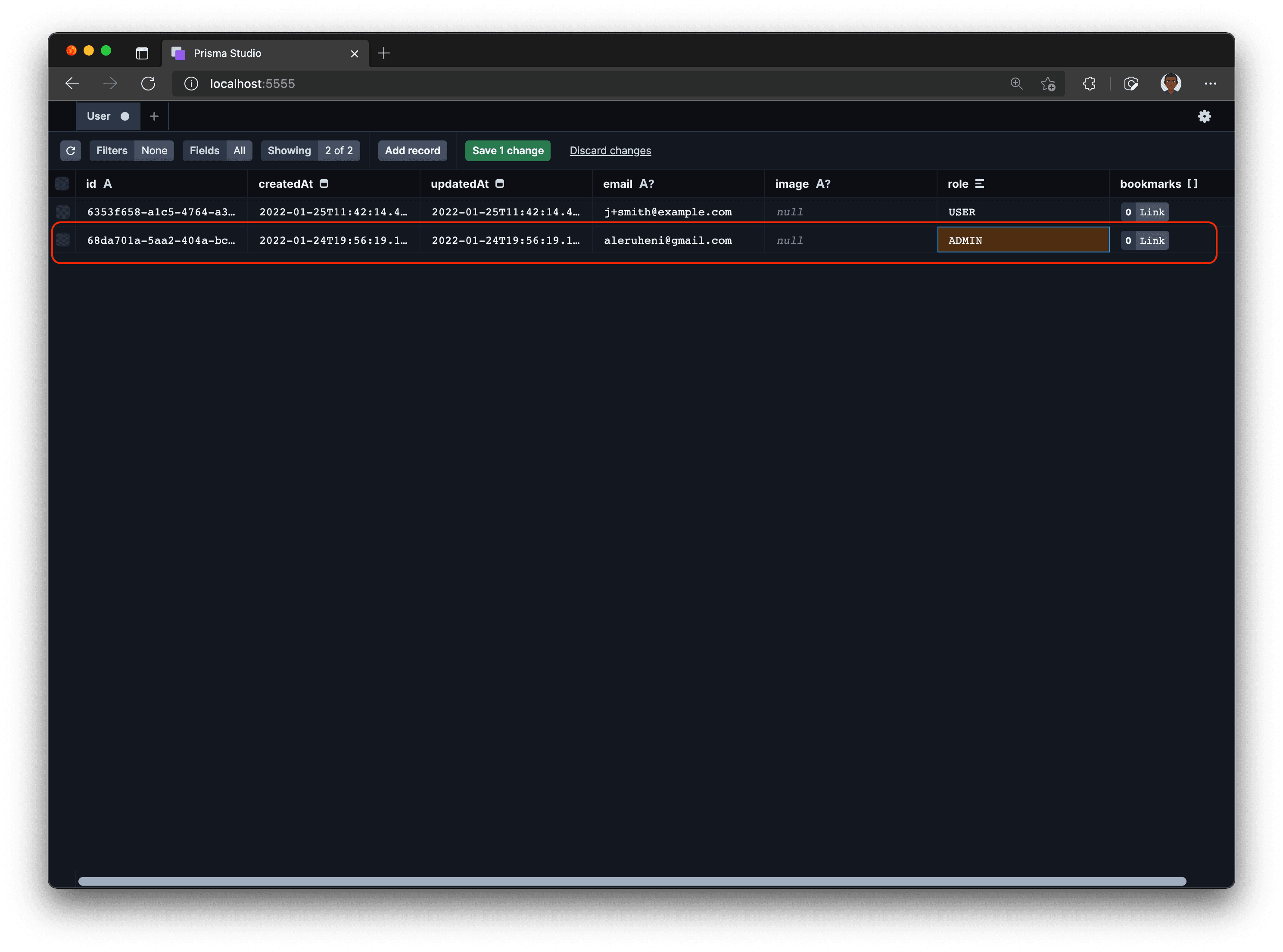 Prisma Studio – update user role