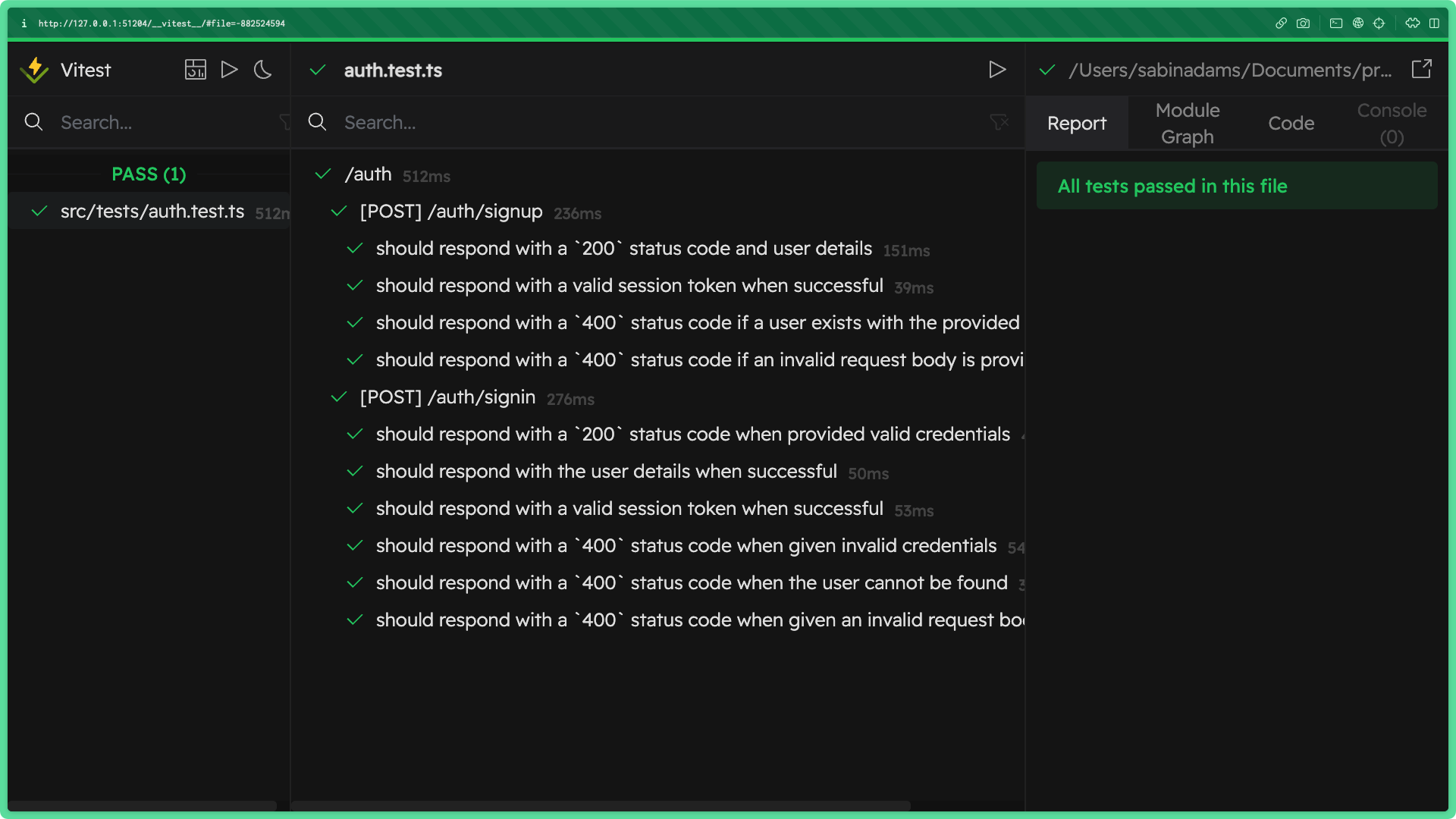 Screen showing a full set of passing integration tests