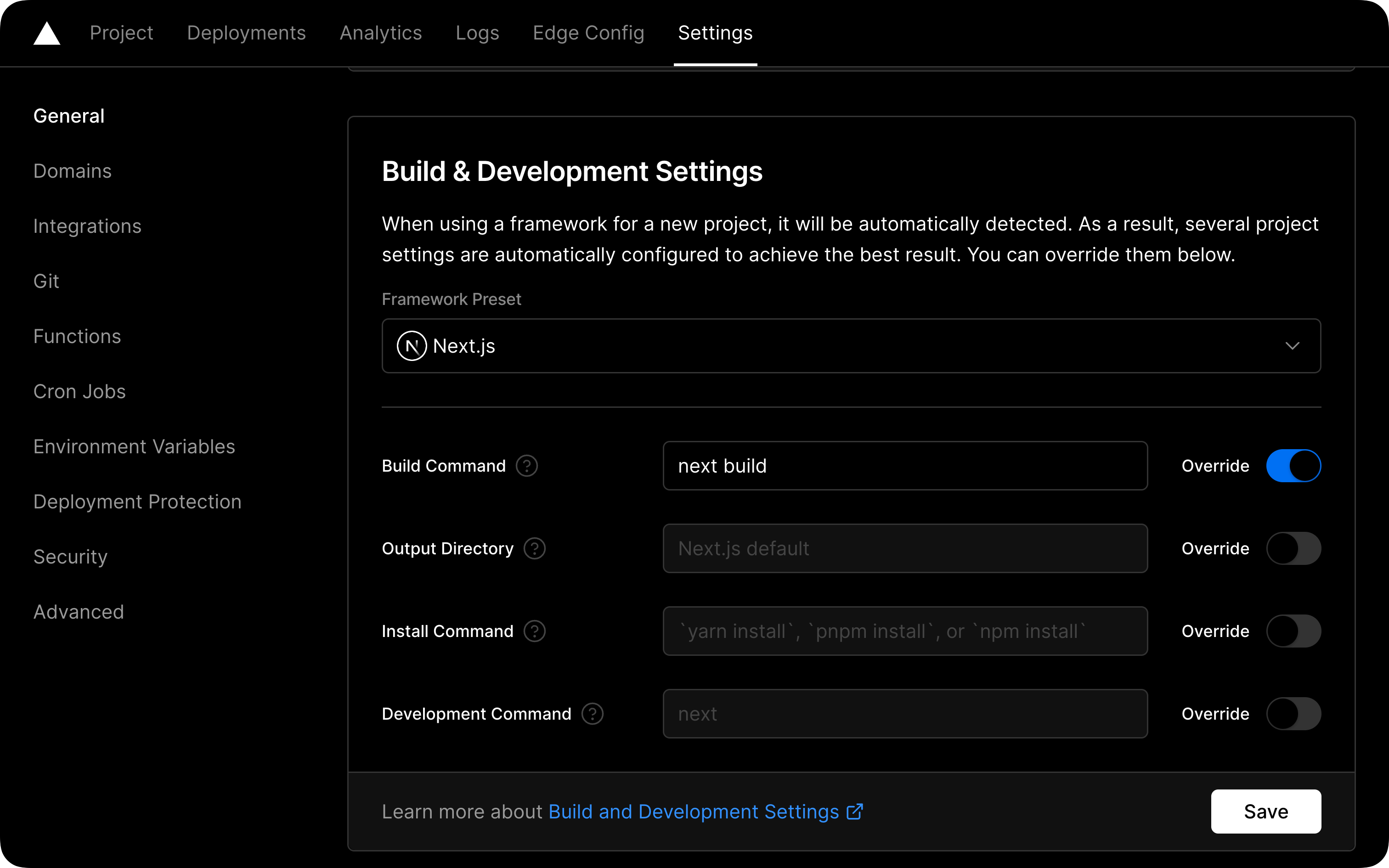 Vercel project dashboard&#39;s Build Command setting